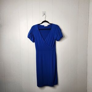 Calvin Klein Blue Short Sleeve Knee Length Dress Stretchy Wrap V-Neck Office